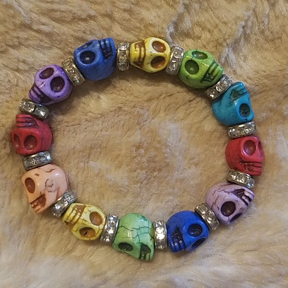 Sugar Skull & Crystal Multi Color Stretch Bracelet - Picture 1 of 3